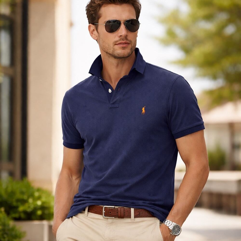 Polo Ralph Lauren Custom Slim Fit Polo Navy Orange Pony Men L Preppy Classic - Picture 1 of 7